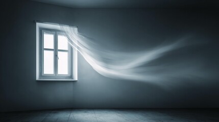 Window with blowing sheer curtains