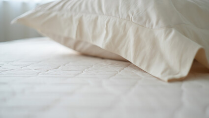 Obraz premium Photo of a soft white pillow rests on a quilted mattress with linen sheets- Clean Bed & Linen Moment