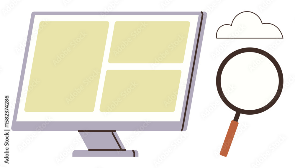 Poster desktop monitor displaying grid layout, magnifying glass signifying search, and cloud connected to s