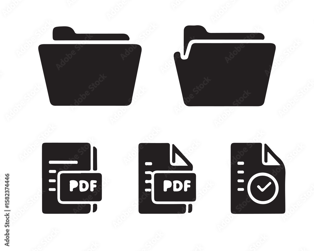 Poster black and white illustration of folders and pdf documents with checkmark on a white background