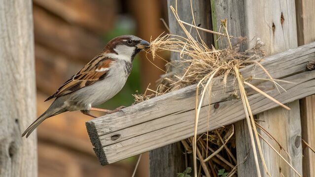 House Sparrow with Nesting Material in Beak Small Bird in Natural Habitat
