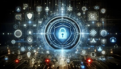 Obraz premium Cybersecurity threat alert with digital warning icons and AI symbols on a futuristic tech background concept for data protection and risk management. 3D Rendering