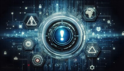 Obraz premium Cybersecurity threat alert with digital warning icons and AI symbols on a futuristic tech background concept for data protection and risk management. 3D Rendering