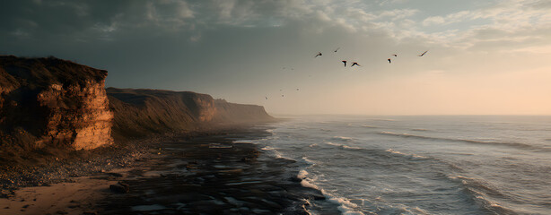 Coastal Cliffs at Sunset: Dramatic coastal cliffs meet a turbulent ocean under a brooding sunset sky, with a flock of birds in flight adding a touch of wildness to the scene. 
