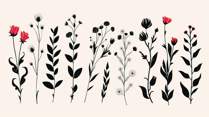 Set of hand drawn vector flowers, tropical leaves, plant, wildflower, rose. eucalyptus. branches. Collection of botanical silhouette element vector. Abstract bouquet in minimalistic flat style 