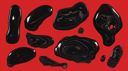 Set of black abstract shapes covered with texture. Collection of amorphous drops of various irregular shapes on a red isolated background. Graphic elements for your design 


