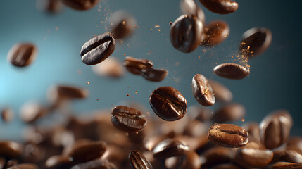 Coffee Bean Cascade: A close-up shot showcases a captivating display of roasted coffee beans, suspended mid-air against a soft, out-of-focus backdrop, highlighting the rich textures and aromas.