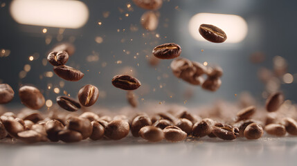 Coffee Bean Cascade: A mesmerizing display of roasted coffee beans in mid-air, capturing the rich texture and inviting aroma of the freshly brewed beverage.