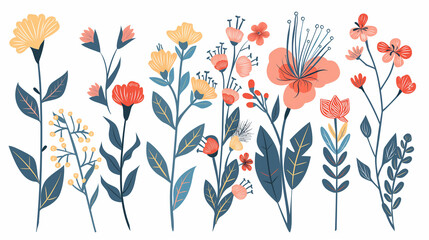 Set of hand drawn vector flowers, tropical leaves, plant, wildflower, rose. eucalyptus. branches. Collection of botanical silhouette element vector. Abstract bouquet in minimalistic flat style 