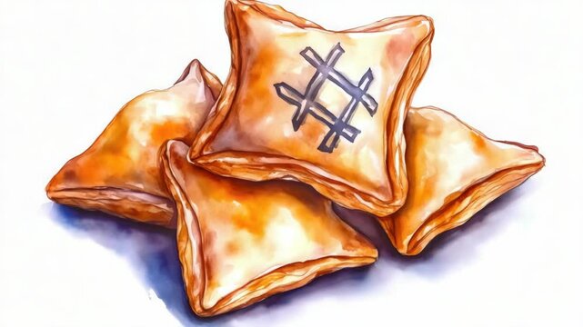 Hand-drawn  of a pile of pastries, including tarts and tartlets made from filo pastry with triangular dough. Perfect for culinary enthusiasts or those who enjoy food art.