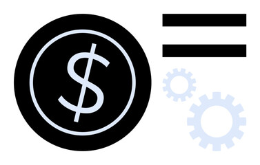 Obraz premium Dollar symbol within a circle next to gears and an equal sign. Ideal for finance, economy, optimization, productivity, balance, engineering, income generation. Clear and simple flat metaphor