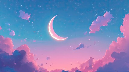 Pastel sky, crescent moon, clouds.  Soft, vibrant hues of pink and blue blend in a dreamy, cloud-filled sky, featuring a pale crescent moon.  Stars are scattered delicately