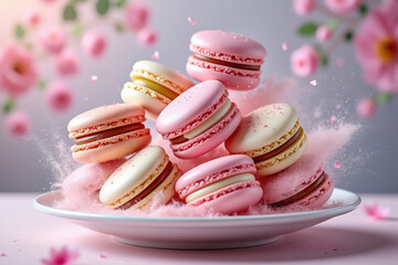Obraz premium Delicate Macarons Delightfully Displayed on a Plate with Soft Pink Hues and Floral Accents for a Sweet Treat
