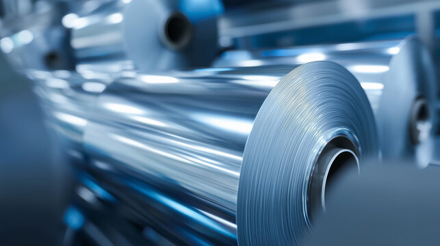 Steel metal roll coil in industrial manufacturing facility. Shiny aluminum sheet rolled material for production process at modern factory plant with machinery equipment background.