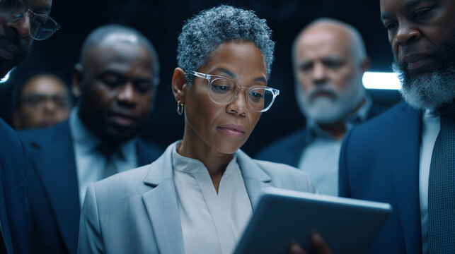 Professional woman doctor with tablet leading diverse medical team in hospital. Senior female physician wearing glasses consulting with colleagues in healthcare facility.