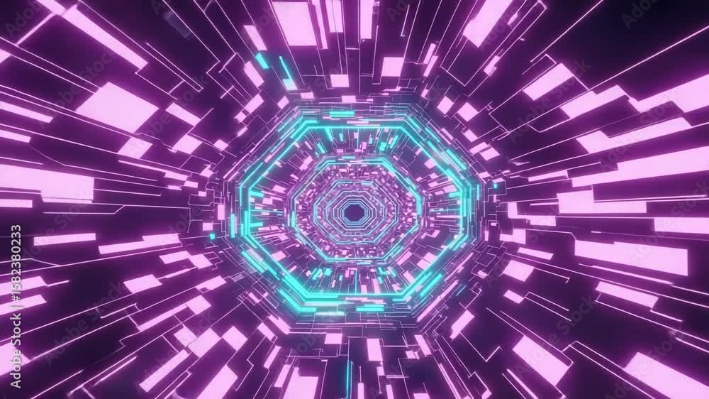 Poster a futuristic tunnel with neon lights and geometric shapes creating an abstract and visually stunning