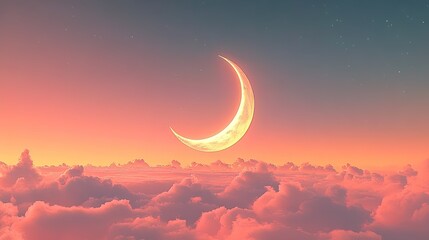 Crescent moon over pink clouds at twilight