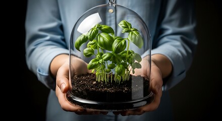 Green basil plants under glass dome held by person