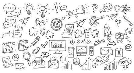 A collection of handdrawn business and idea doodles features icons such as lightbulbs, charts, targets, and speech bubbles, all in a sketchy style