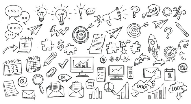 A collection of handdrawn business and idea doodles features icons such as lightbulbs, charts, targets, and speech bubbles, all in a sketchy style