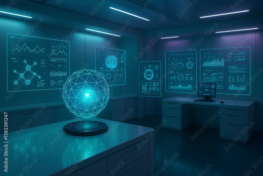 Poster futuristic laboratory setting with holographic displays and advanced tech equipment creating a scien
