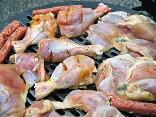 A plate of meat with chicken and sausage on it