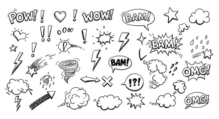 A set of handdrawn comic speech bubbles and effects showcases dynamic expressions like pow, bam, and wow, along with stars, clouds, and arrows