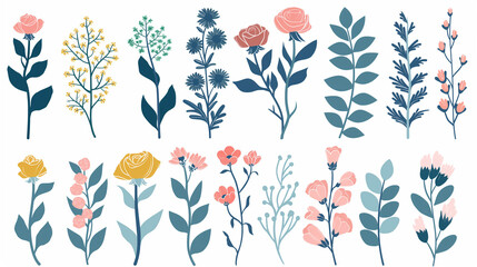 Set of hand drawn vector flowers, tropical leaves, plant, wildflower, rose. eucalyptus. branches. Collection of botanical silhouette element vector. Abstract bouquet in minimalistic flat style 