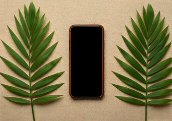 Modern Phone Mockup with Tropical Leaves Minimalist Design