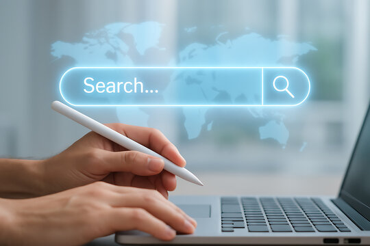 Futuristic global search interface on laptop with user using pen stylus to input text and explore internet technology tools and digital innovation resources - Powered by Adobe