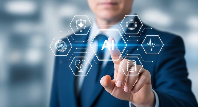 Businessman touching artificial intelligence interface - Powered by Adobe