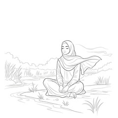 "Muslim Woman Sitting in Nature Looking at the Sky – Peaceful Sketch"
