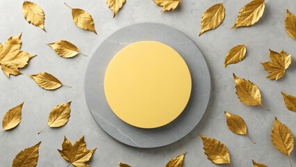 Round gold metal podium on gray background with gold circle and thin round gold border on top. Perfect platform for showing your products. Three dimensional illustration