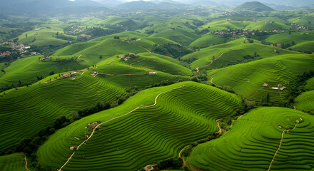 Stunning Aerial View of Lush Green Rice Terraces