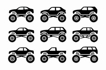 Nine different monster truck silhouettes are arranged in a grid pattern on a white background, showcasing various car and truck body styles.