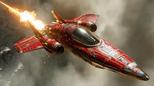 Red spacecraft blasts away scifi shot