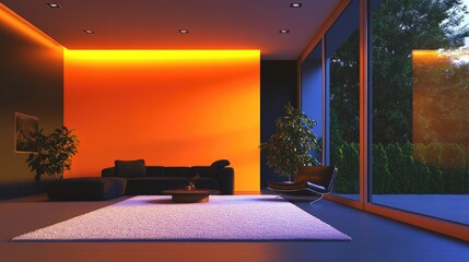 Modern living room at night, warm orange accent wall, large windows