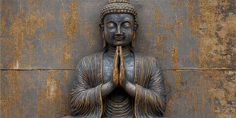 Ancient Buddha Statue in Prayer Pose with Detailed Facial Expression and Traditional Robes Against Rustic Wall Background
