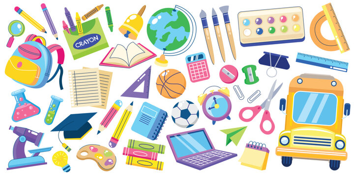 Full set of back to school supplies and stationary vector illustration