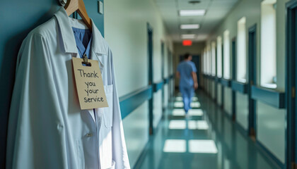 White coat hanging with a thank you note in a hospital corridor while a doctor walks away