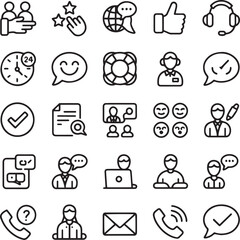 A collection of black and white line art icons representing customer service help