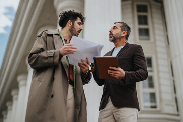 Two men are conversing vigorously outside a classical building, one holding papers and the other a...