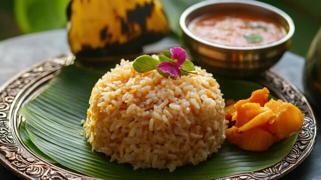 A mouthwatering South Indian meal featuring a rice ball filled with spices, ghee, and served alongside sambar and pumpkin curry. A coconut milk-based traditional dish on a palm leaf plate.