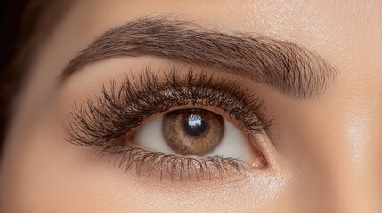 Close-up of a Woman's Eye with Long Thick Natural Eyelashes and Brown Iris Perfect for Beauty and Cosmetics Concepts