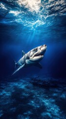 Fototapeta premium Stunning underwater scene featu a fierce great white shark swimming above vibrant coral reef with sunlight rays breaking through clear ocean water