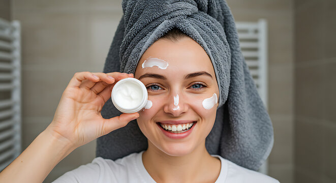 Happy Woman Applying Face Cream in Bathroom