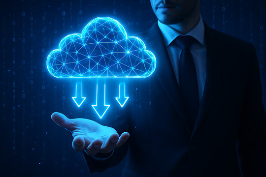 Businessman using cloud service interface with futuristic blue holographic data upload and download symbols representing storage technology sync sharing and network infrastructure - Powered by Adobe