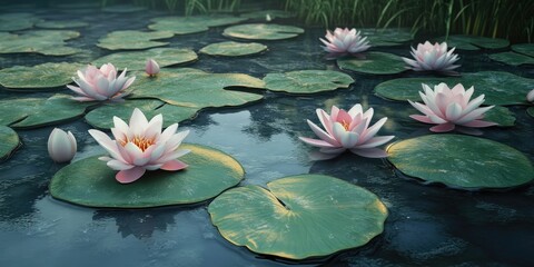Pink water lilies on a calm pond