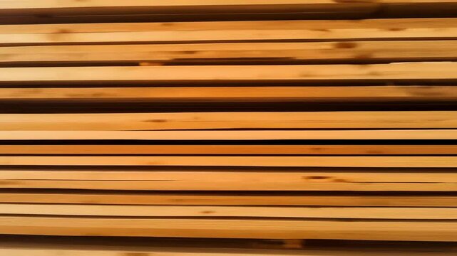 Inside a lumber warehouse, stacks of timber are neatly arranged, showcasing the industry's wood supply. The shot focuses on rows of lumber ready for construction.