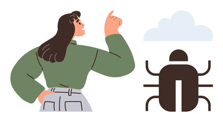 Woman pointing to a bug near a minimalist cloud with a confident stance, symbolizing problem identification and resolution. Ideal for coding, innovation, collaboration, awareness, cloud computing